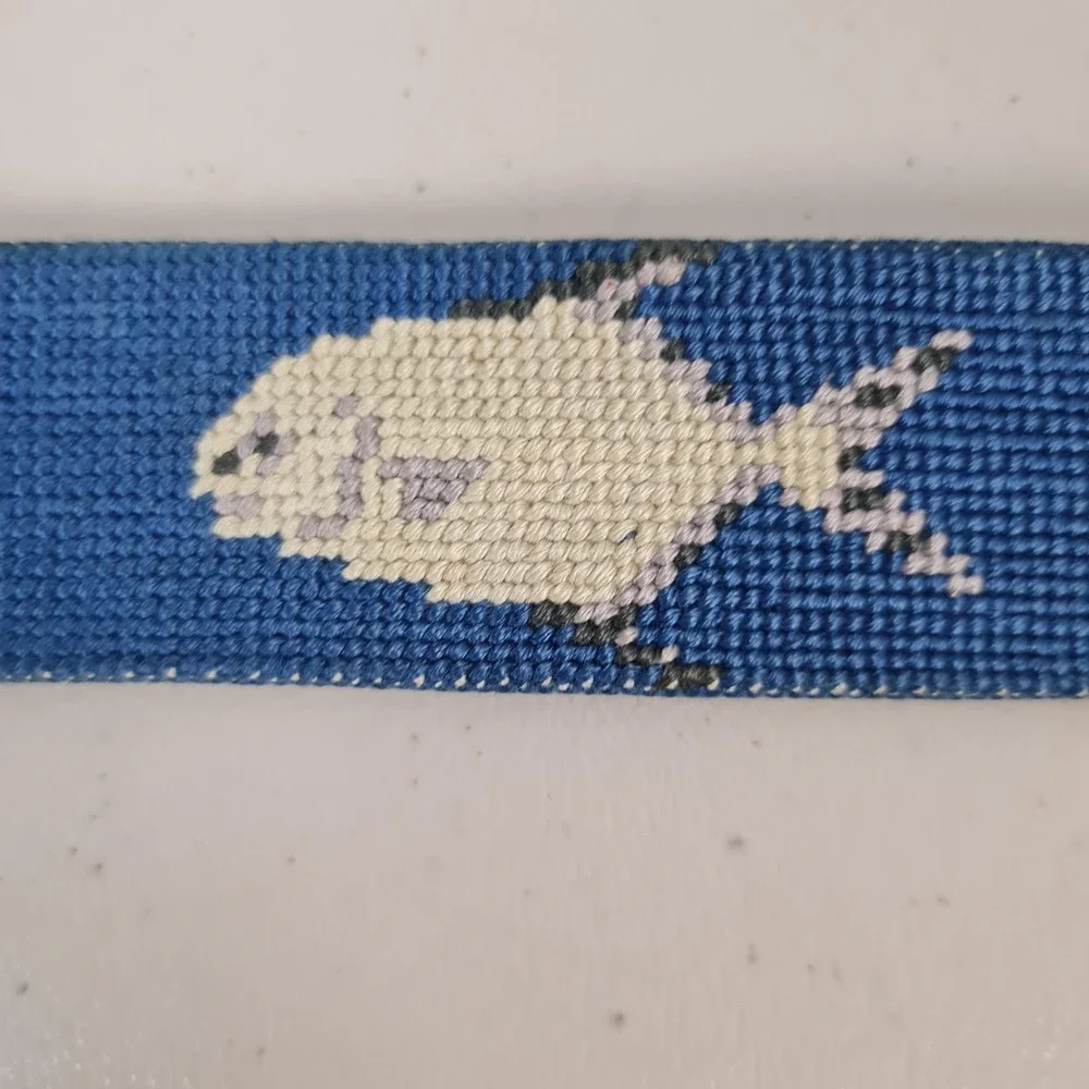 Smathers & Branson Belt Mens 38 Blue Needlepoint Fish Leather Brass Buckle USA